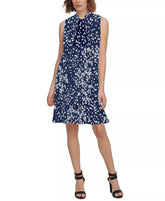 DKNY Women's Tie Neck Dress Color Navy Multi Sleeveless Size 10